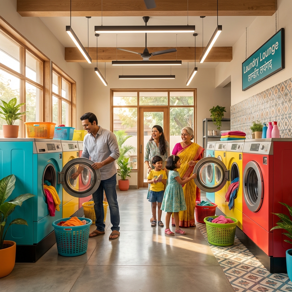 Happy Indian family with fresh laundry